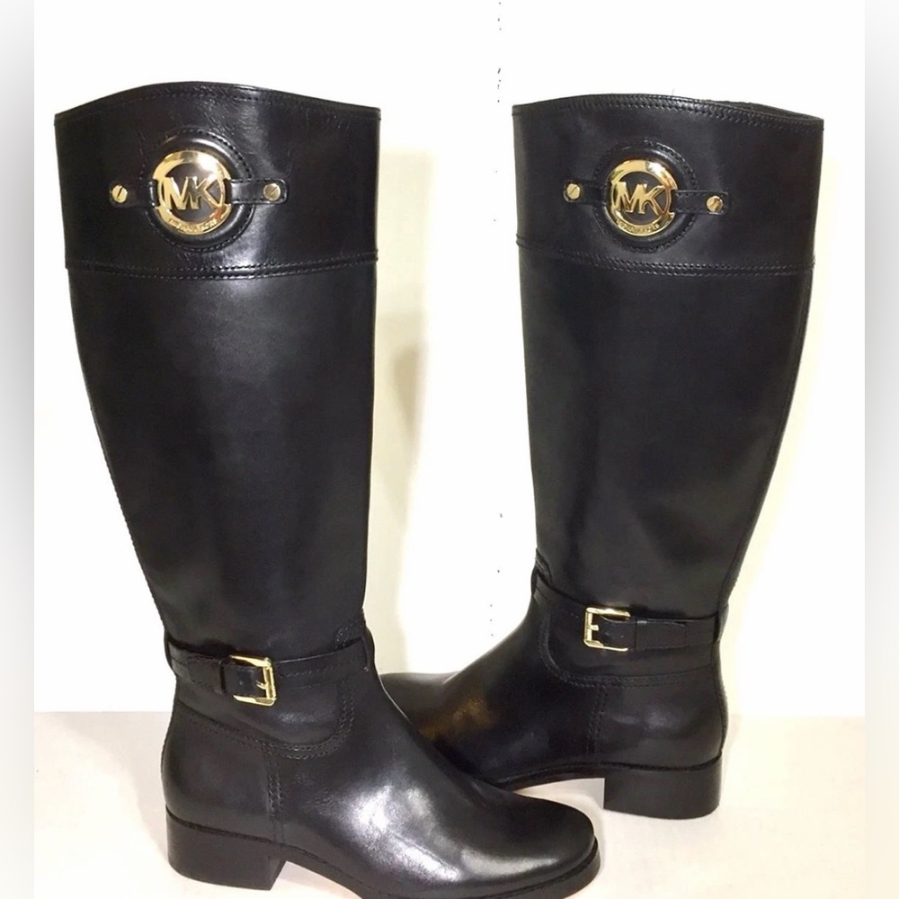 Michael Kors Black Tall Leather Healed Zip Up Boots & Gold Accents Size 8 NWOB - Picture 3 of 13